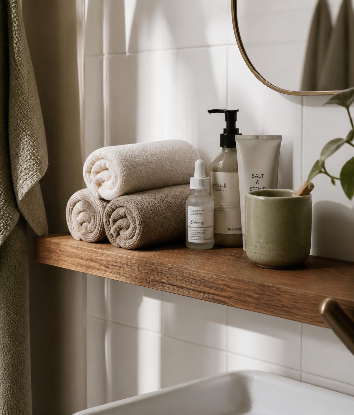 Wooden bathroom shelf with rolled neutral towels and a few skincare bottles